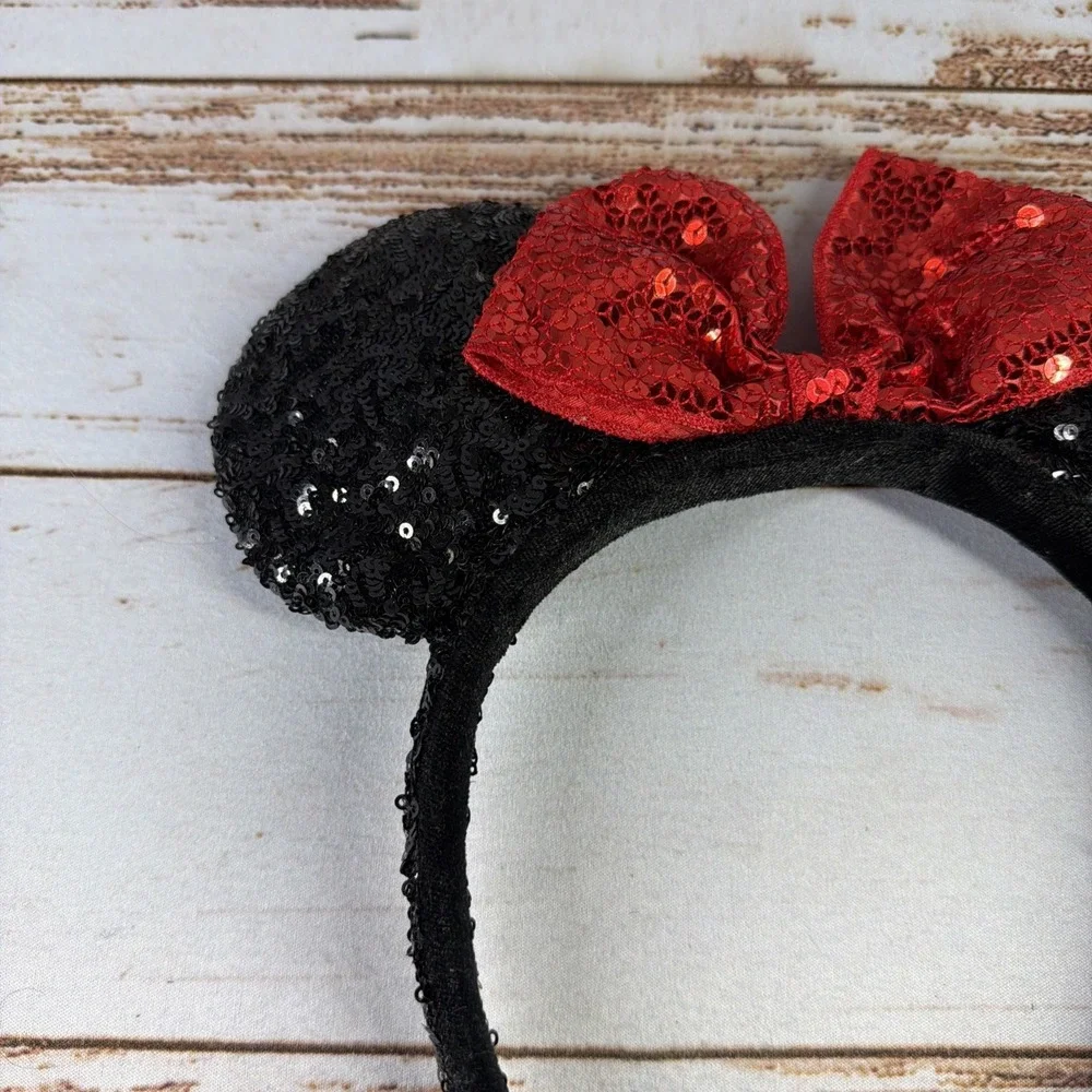 Disney Parks Authentic Minnie Mouse Black Sequin Ears Headband Red Bow